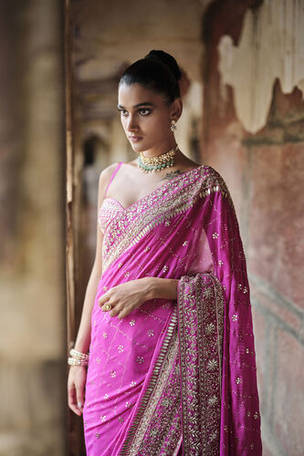 Anushna Handcrafted Badla Georgette Saree, Hot Pink, image 3